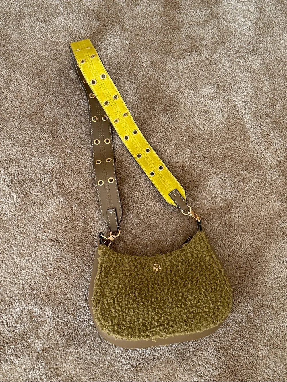 Tory Burch Olive Sherpa Shoulder Bag with Gold Logo